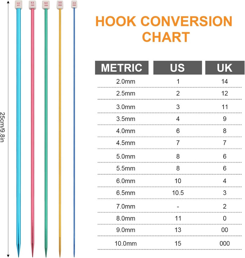 BCMRUN 28Pcs/14 Pairs Stainless Steel Knitting Needles Set, Colored Straight Single Pointed Metal Knitting Needles, 14 Size from 2.0mm-10.0mm, 9.8 Inches Length for Handmade DIY Knitting (25cm) - Image 2